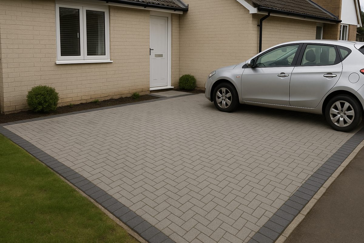 A block paved drive in herringbone, with a border course along the edge.