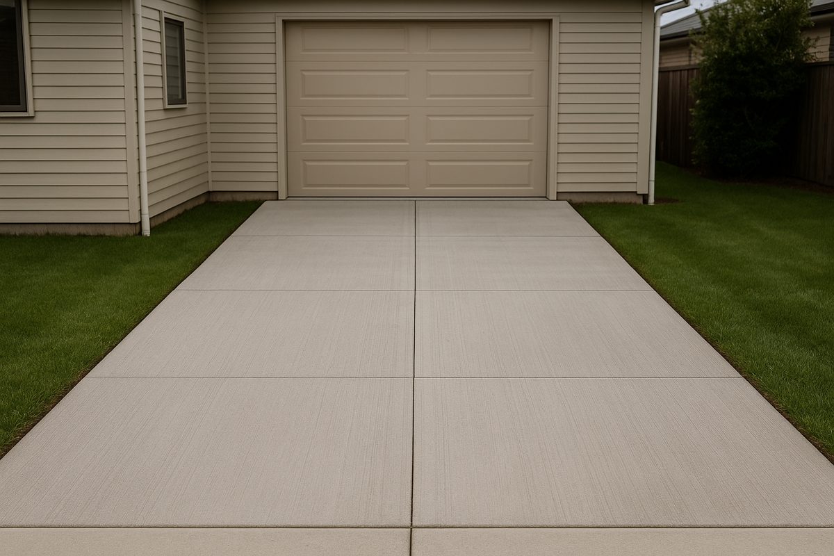 A concrete drive cut into panels by its joints.