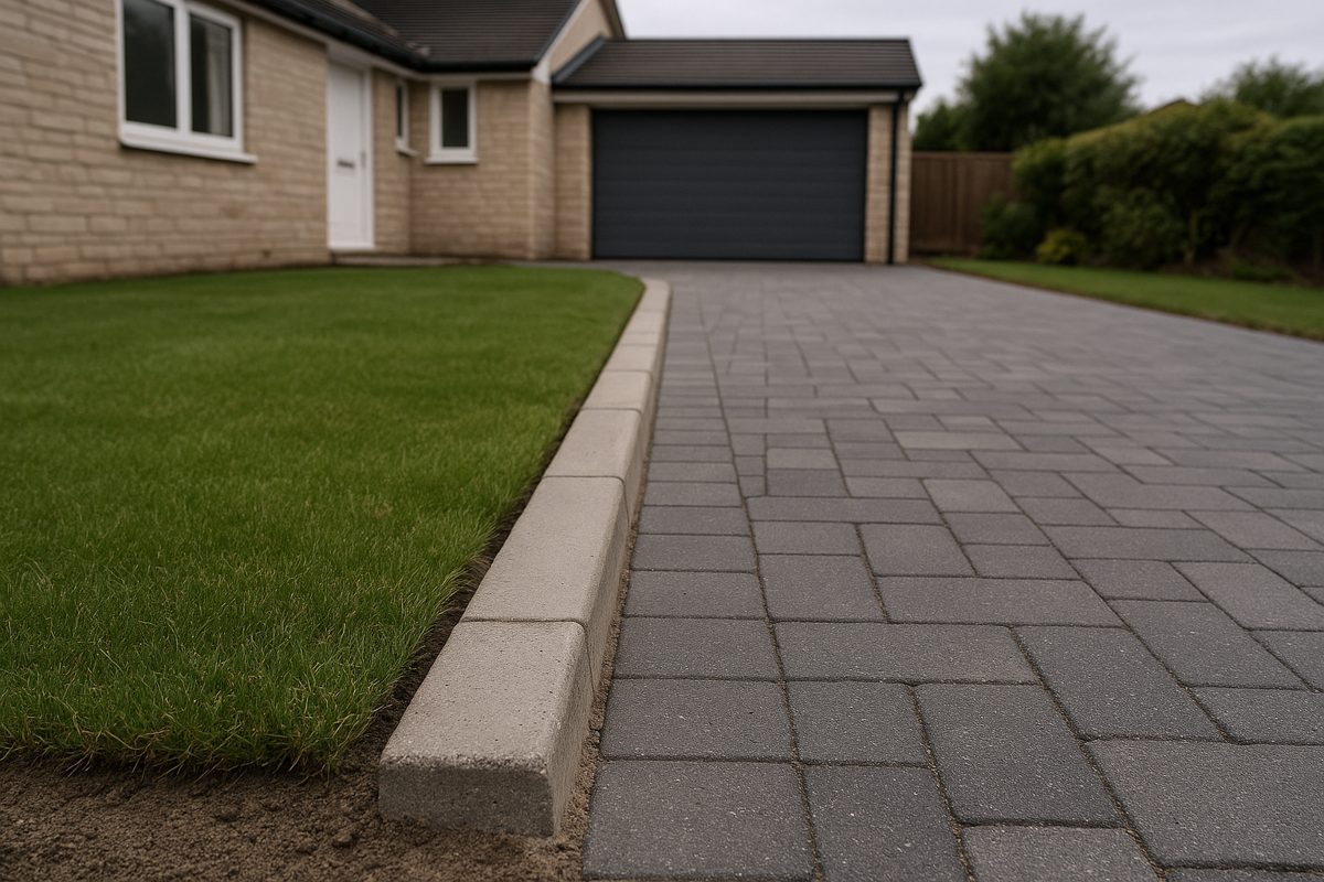 A curb edge set just above the lawn, holding the pavers in.