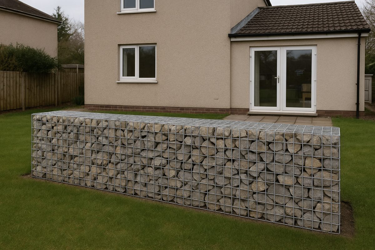 A freestanding gabion wall in a garden.
