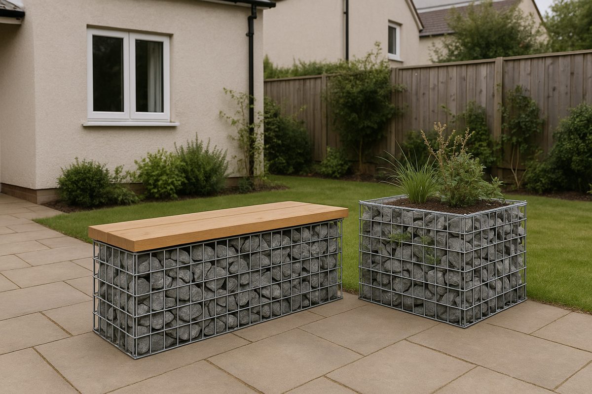 A gabion bench with a timber seat, and a gabion planter.