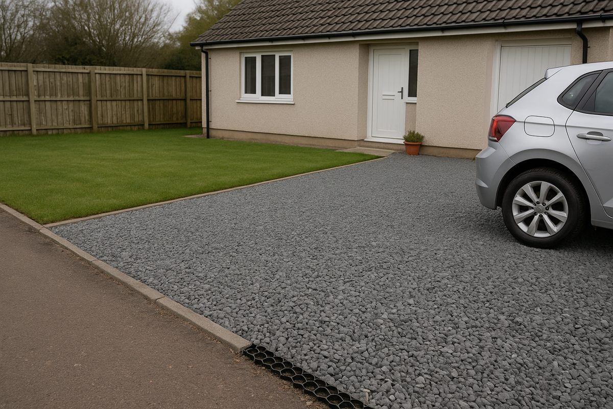 A gravel grid drive. The cells show only at the edge.