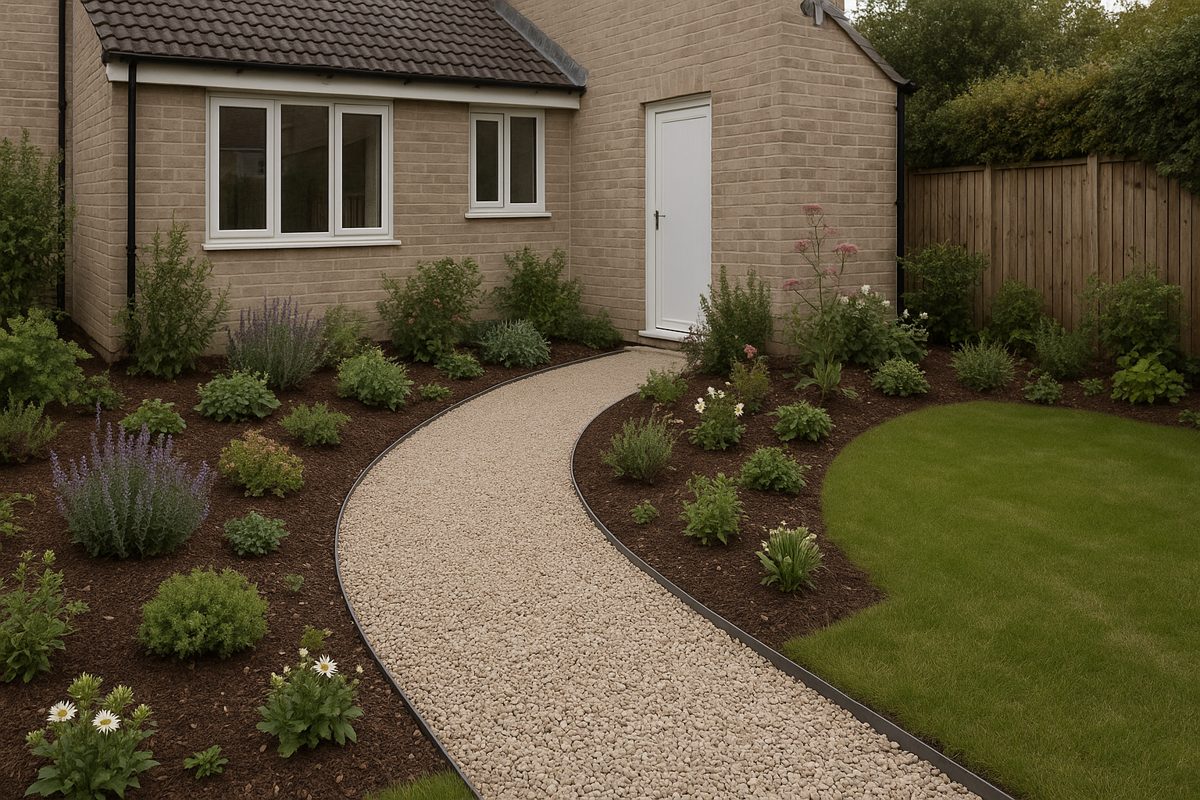 A loose gravel path held in by a steel edge.