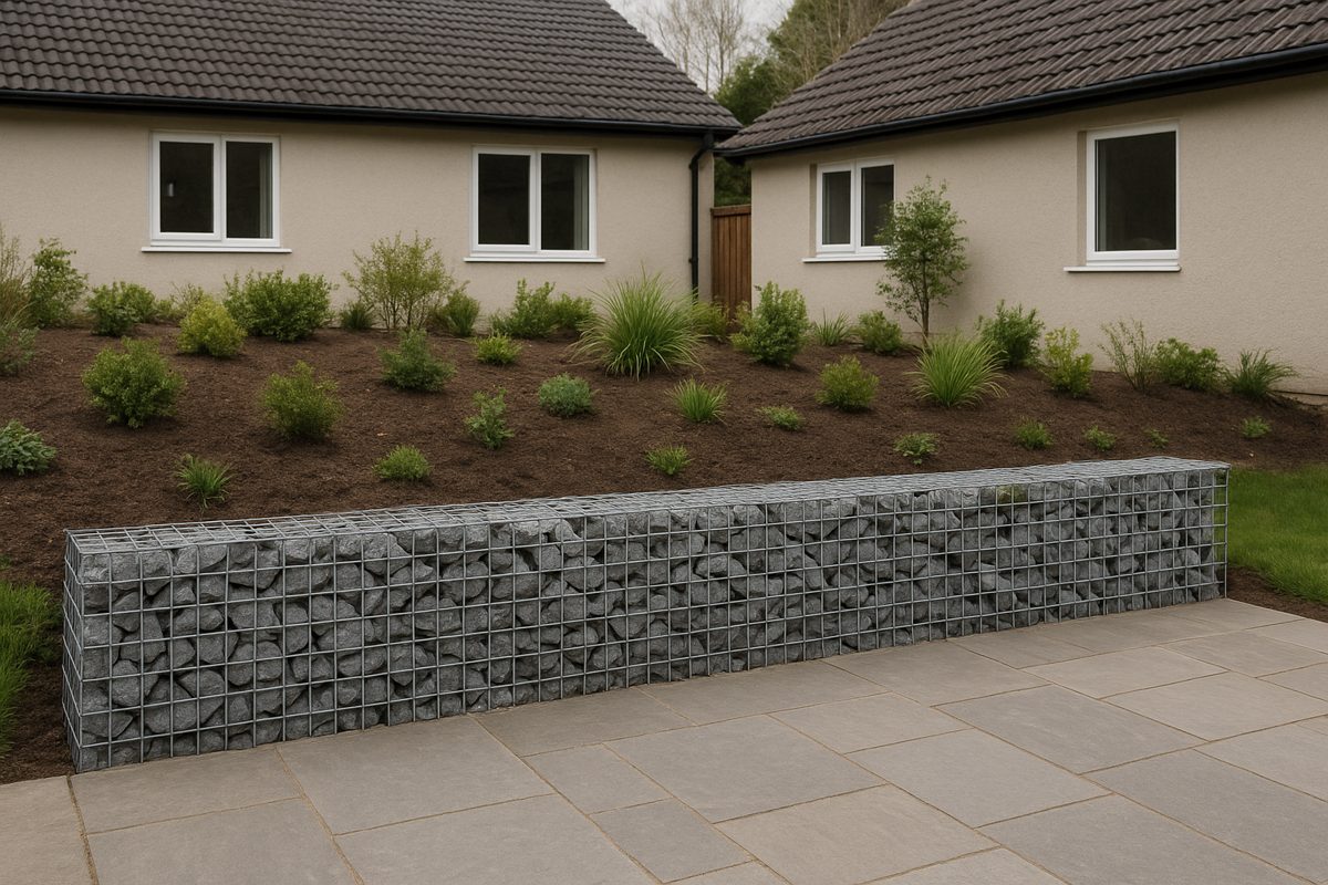 A one-basket gabion wall holding back a planted bed.