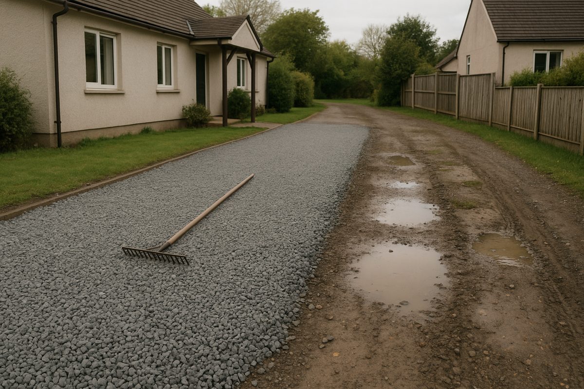 A gravel drive with the raked and topped-up half on the left and potholes and ruts on the right.