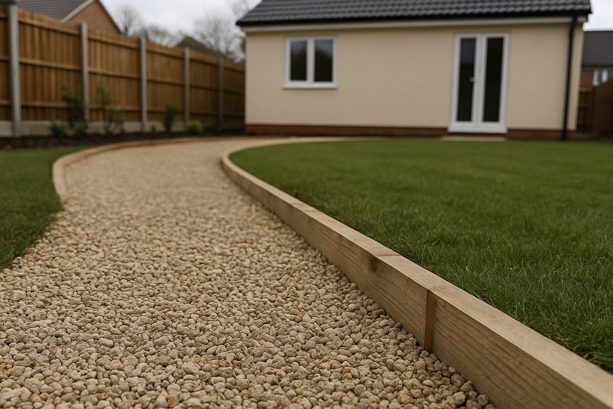 A timber edge keeping gravel and lawn apart.