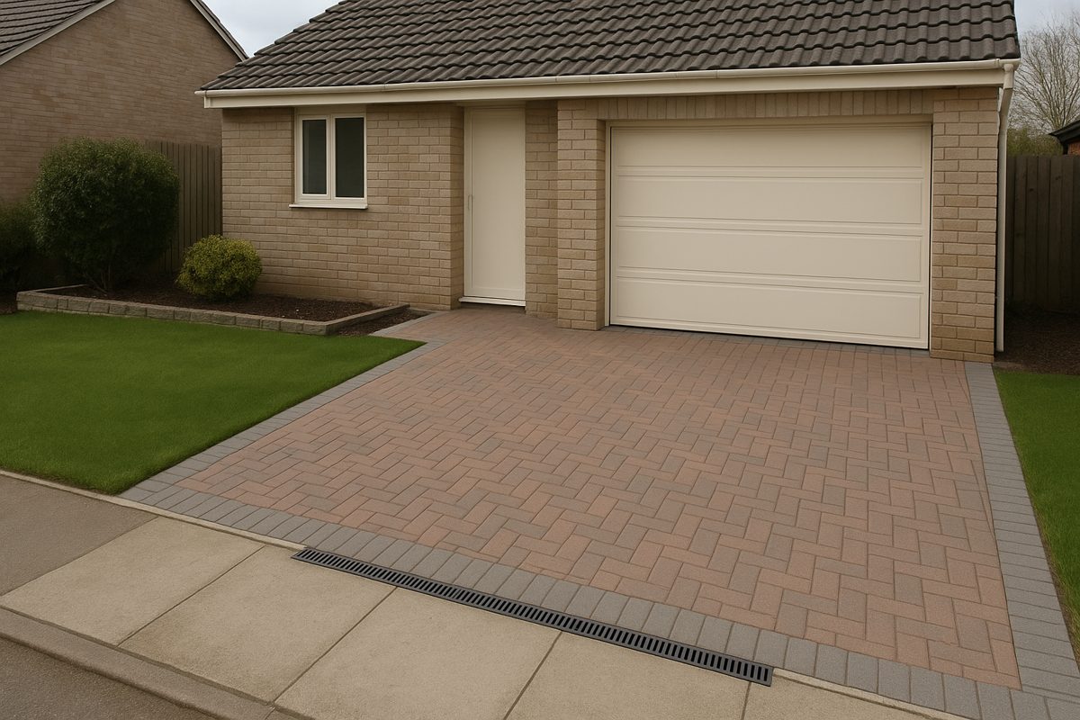 A finished drive falling towards the street, with a channel across it before the footway.
