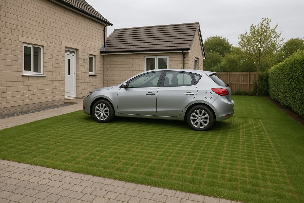 A grass parking bay. The grid carries the car; the grass grows through it.