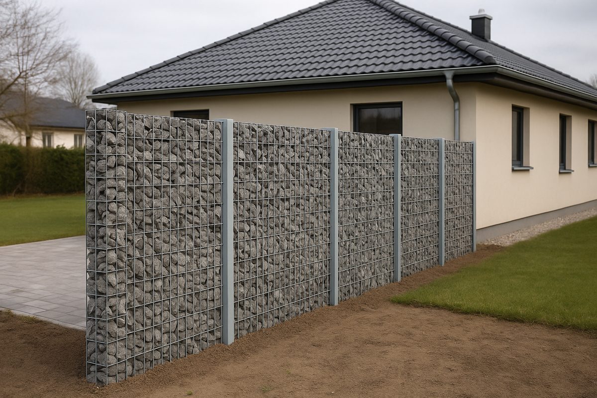 A slim gabion screen hung between steel posts.