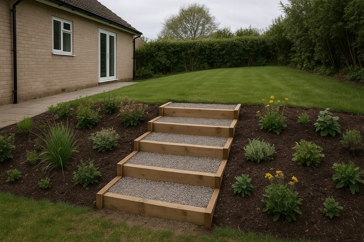 Timber risers with gravel-filled treads on a garden slope.