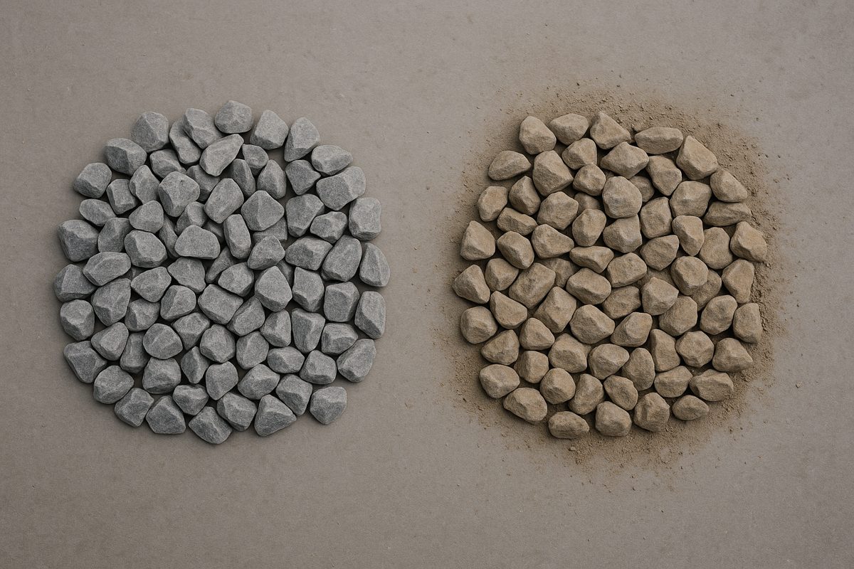 Washed and unwashed stone of the same size side by side